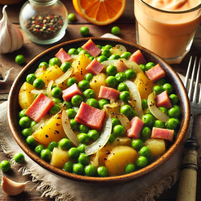 plato de guisantes rehogados con papas y jamón, acompañado de una bebida de yogur y naranja