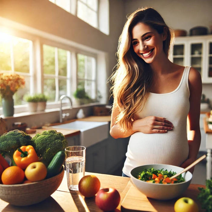 Mujer embarazada, embarazo saludable, destacando una alimentación equilibrada y un ambiente de bienestar